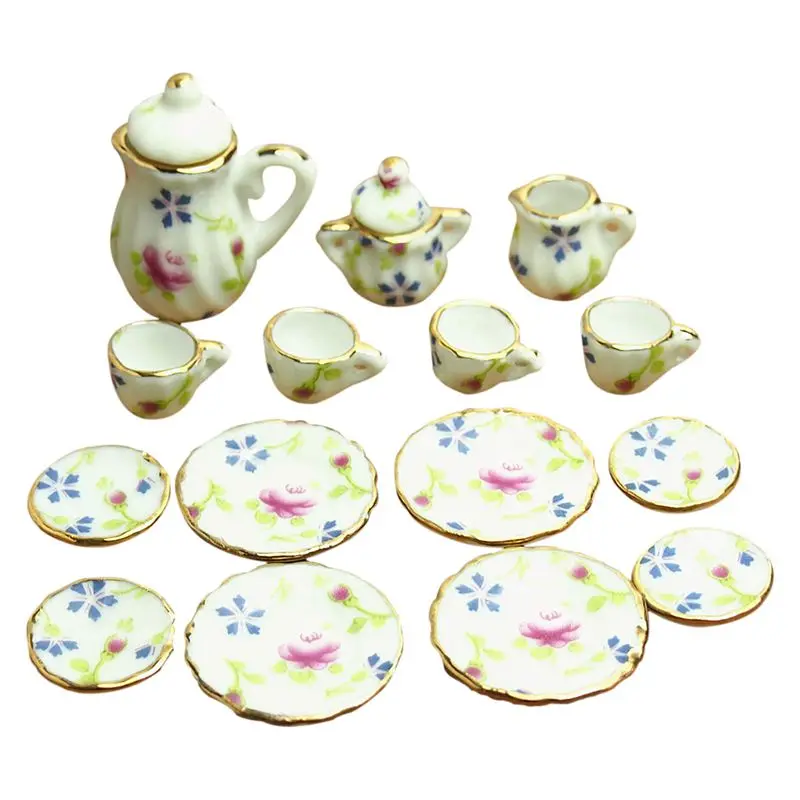 

Dollhouse Miniature 1: 12 Toy 17 pcs Flower Pattern Porcelaine Tea set