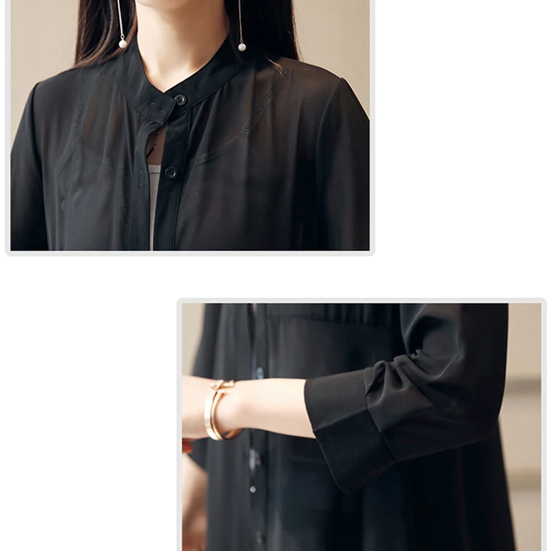 2019 Summer Chiffon Blouse Women Stand Collar Loose Tops Blouses Plus Size Chiffon Kimono Cardigan boho Black White Shirts