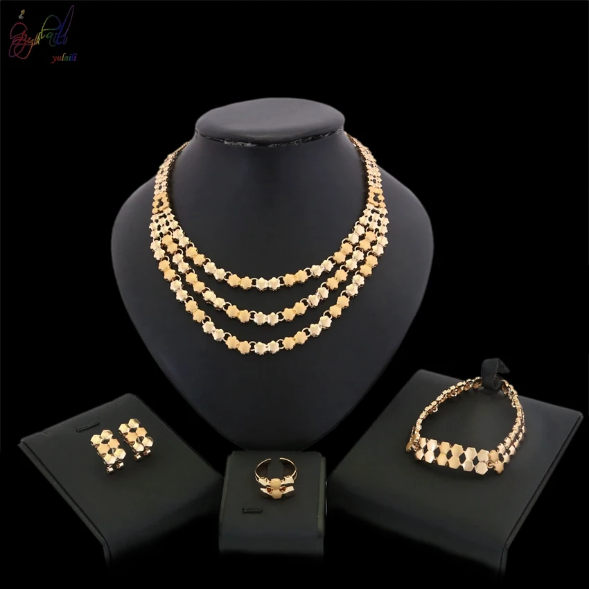 

YULAILI Gold Color Jewelry Sets African Beads Statement Necklace Earrings Bracelet Ring Sets Women Ladies Wedding Accessories