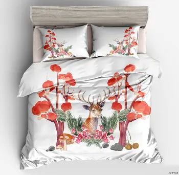 

Art Painting Deer Animal Printed 3d Bedding Sets 3pcs Duvet Cover Pillow cases Plant flowers Green orange white pink full size