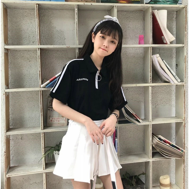 

Summer Turn-Down Collar Student T Shirt Cuasual Loose Zipper Short Women Tops Sweet T-Shirt Female Polo Collar Zip Girls t-shirt