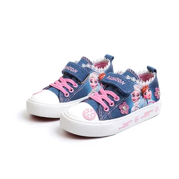 

New Children shoes Girls denim canvas Cartoon Snow Queen Elza princess shoes Flower letter Massage sport shoes Breathable