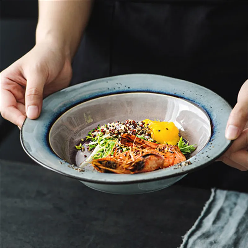 

NIMITIME European Style Fruit Salad Retro Bowl Soup Large Household Ceramic Soup Dish Personality Noodles Dinner Bowl