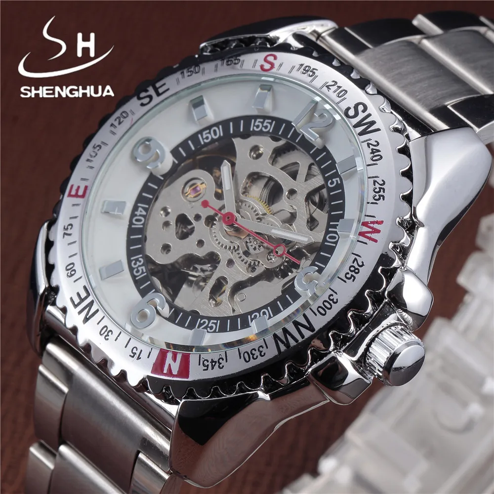 

SHENHUA Men's Luxury Skeleton Automatic Watch Rotate Case Chronograph Design Stainless Steel Men Military Mechancial Wristwatch