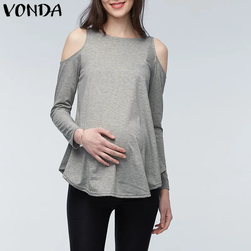 VONDA Женская одежда для беременных Блузки для беременных беременность с открытыми плечами с длинным рукавом повседневные свободные рубашки Плюс Размер Топы 5XL