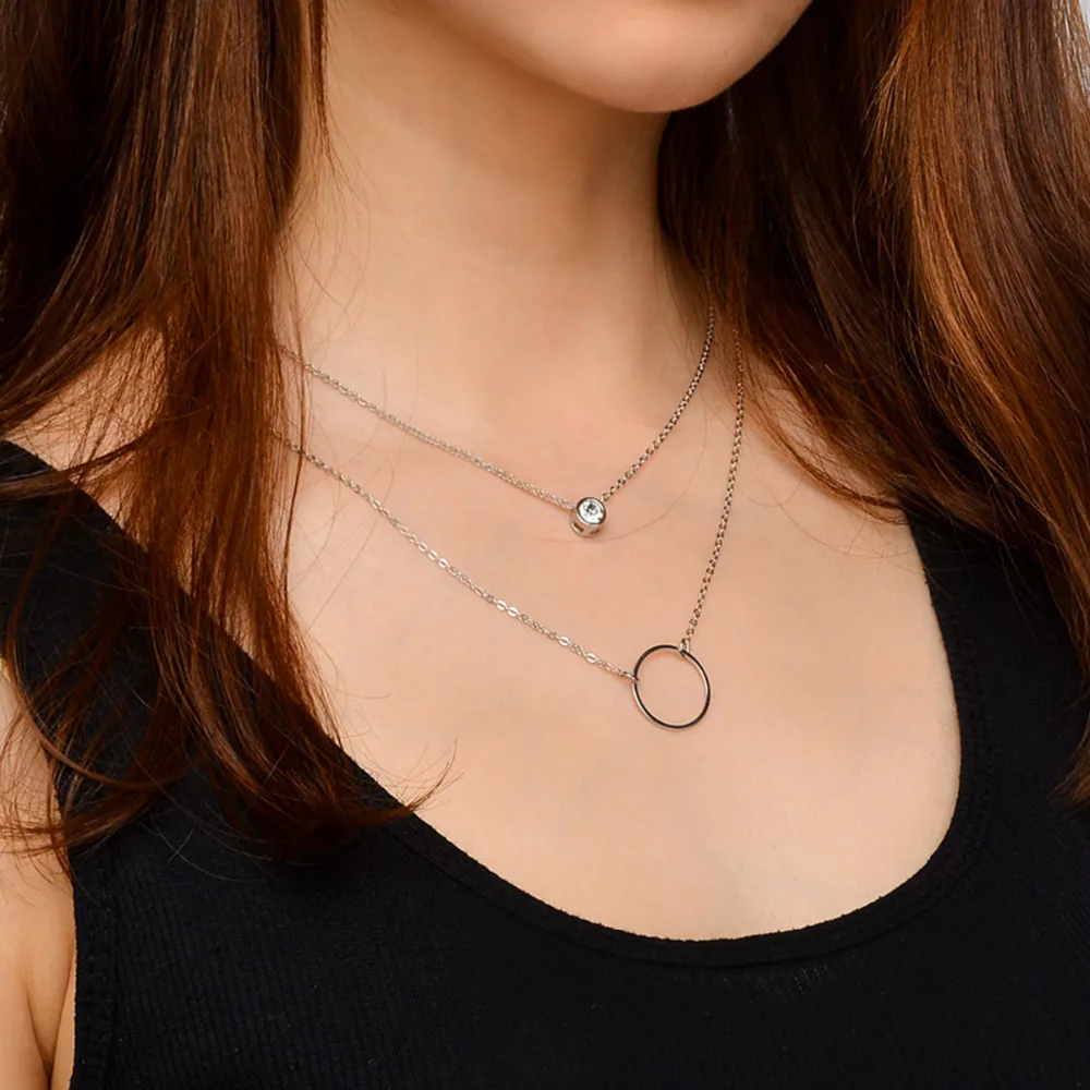 

2pcs Crystal and Copper Circle Pendant Necklace for Women Girls Adjustable Iron Alloy Neck Collar Statement Necklace Jewelry