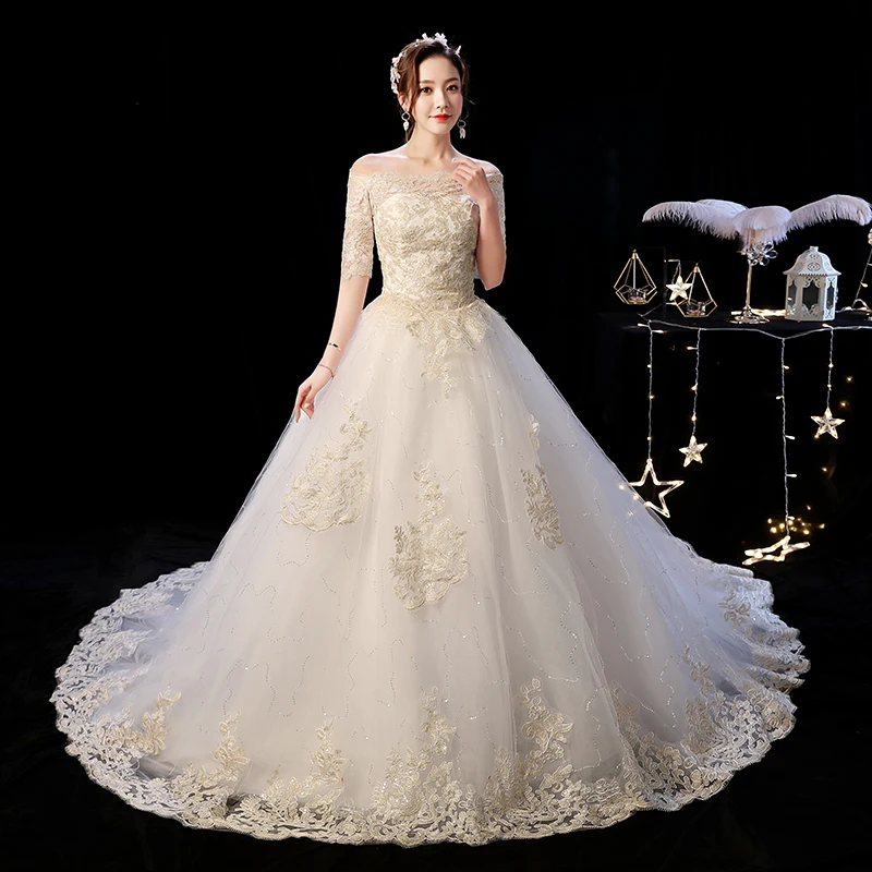 US $42.57 Wedding Dress 2021 Mrs Win The Elegant Boat Neck Sweep Train Princess Wedding Gowns Champagne Lace Plus Size Wedding Dresses F