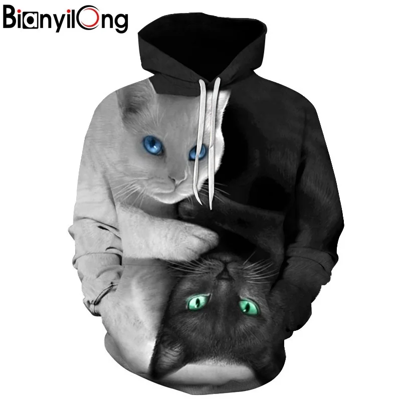 Online 2017 sudaderas con capucha 3D para hombres sudaderas con capucha dos gatos estampado 3D sudaderas con capucha Casual ropa de calle tapas Hipster hip hop Regular de otoño