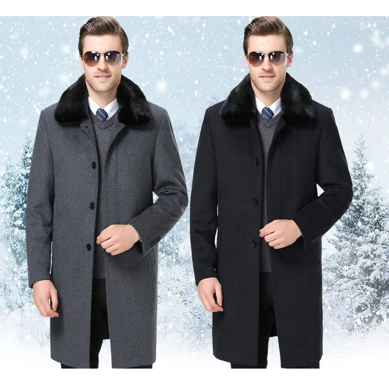 Mink Fur Collar Cashmere Jacket Men Wool Coat Autumn Winter Men's Coat ...