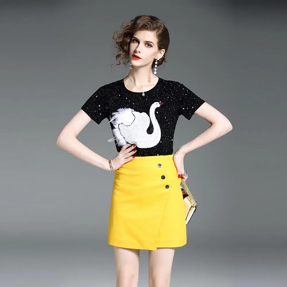 woman summer blouse skirt suits fashion black top + yellow skirt sets