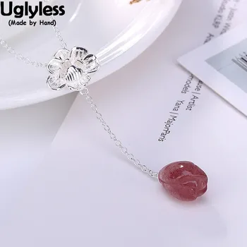 

Uglyless 100% Real 925 Sterling Silver Handmade Lotus Necklaces for Women Strawberry Quartz Magnolia Pendants With Chain Chokers