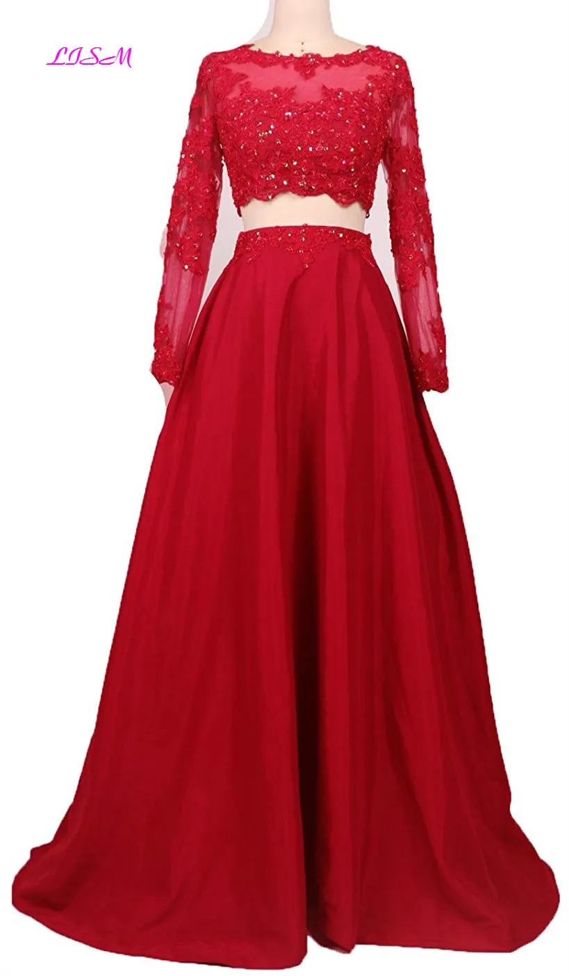 Платье из двух частей с кружевной аппликацией, лифом и бусинами, выпускное платье из атласа с длинным рукавом, торжественное платье трапециевидной формы с открытой спиной, вечерние платья