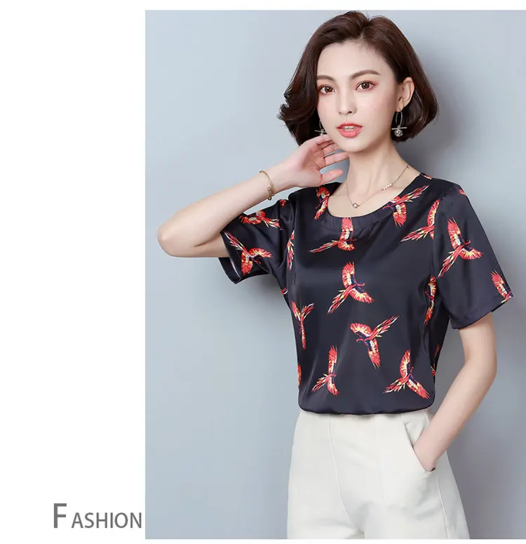 New Summer Tops Ladies 2018 Fashion Birds Print Blouses Women Short Sleeve Chiffon Blouse Shirt Casual Large Size Blusa Mujer Ete (6)