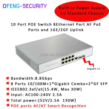 

10-Port 10/100M POE Switch, 8Port POE, 1Port Gigabit Ethernet, 2Gigabit SFP LC, IEEE 802.3af/at, PoE output 15.4W Budget 130W