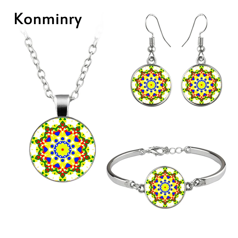 

Konminry Motif-Pattern Bright Design Earrings Sets Women Mandala Handmade Glass Cabochon Pendant Jewelry