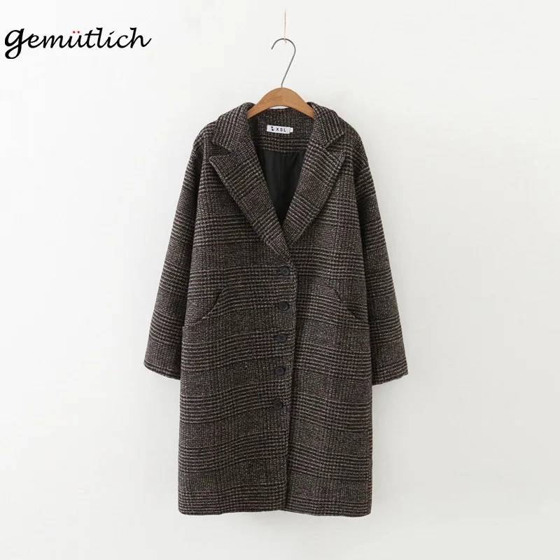

GEMUTLICH Korean Style Women Vintage Plaid Wool Long Jacket Autumn Winter Outwear Loose Coat Over Size 3XL 4XL