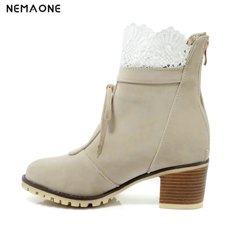 

Size 34-43 Women Fashion Sweet Zipper Ankle Women Boots Spring Autumn Women Shoes Round Toe 6cm High Heel Casual Party Shoes