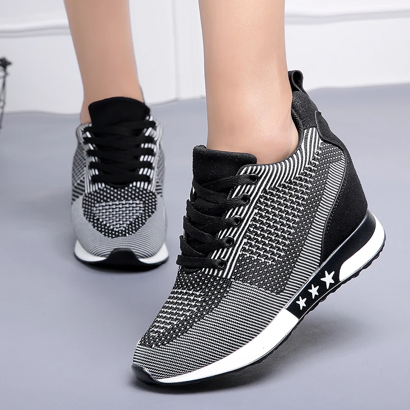 

Fashion Sneakers Women Hide Heel Wedges Casual Shoes Woman Flying Knitting Breathable High Top Sneaker Shoes Women XZ115