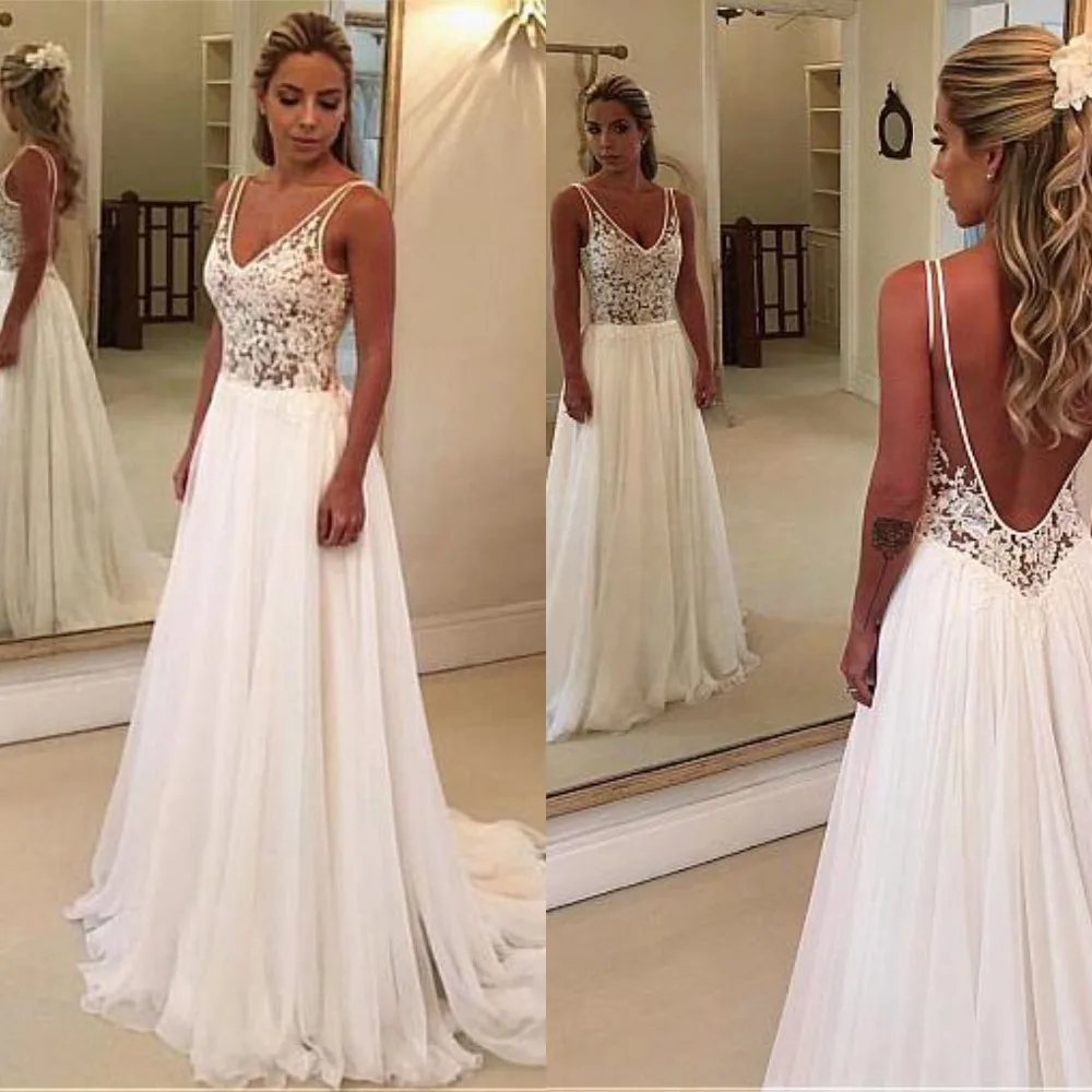 a line v neck chiffon wedding dress