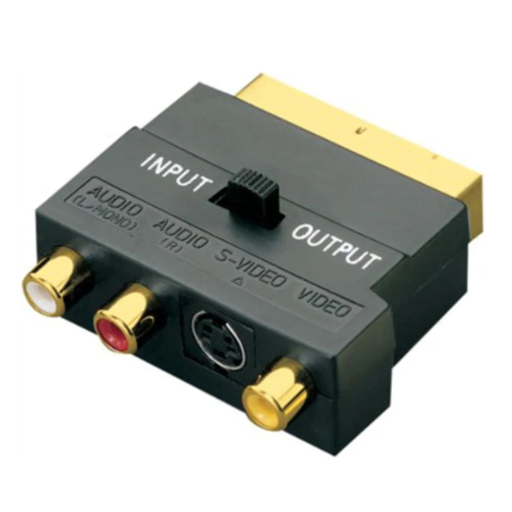 

Factory Price SCART Adaptor AV Block To 3 Phono Composite Or S-Video With In/Out Switch GOLD Dropshipping Mar6