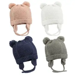 Для новорожденных зимние нить вязаная шапка Polar с флисовой подкладкой одноцветное Цвет Earflap милый медведь ухо пушистый помпонами шапочка