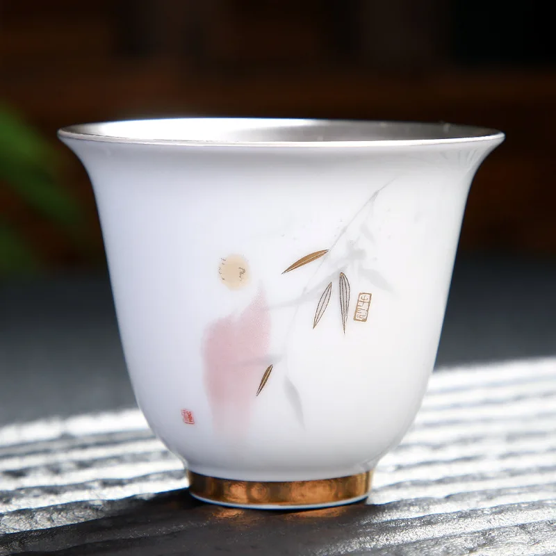 Голубая и белая Серебряная чашка на гриле с цветком из стерлингового серебра, большая чашка ручной работы с кунг-фу, маленькая чашка - Цвет: Светло-зеленый