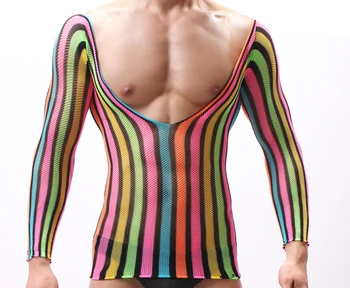 

Mens hollow bodysuit transparent colorful mens mesh stockings rainbow big V neck long sleeves bodysocks funny