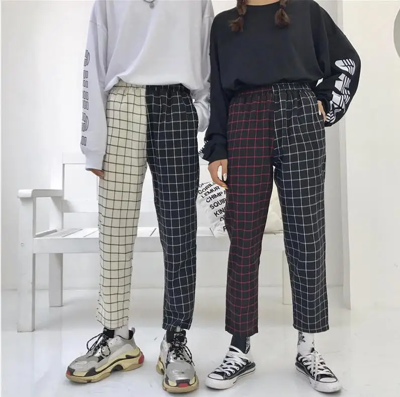 

New men and women wild self-cultivation personality stitching retro plaid casual nine pants