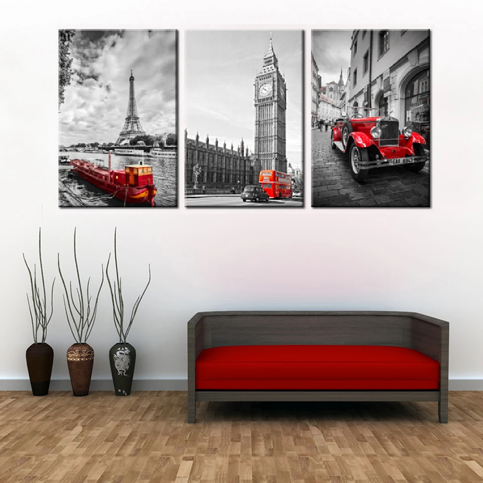 

Modern Canvas Living Room Home Decor 3 Panel Eiffel Tower Big Ben Paris Printed Pictures Painting Wall Art Modular Poster Frame