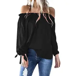 Футболка женский, черный 2019 Повседневное Boat Neck Long Sleeve Cold Shoulder Футболка-туника блуза Топ camiseta femini-30