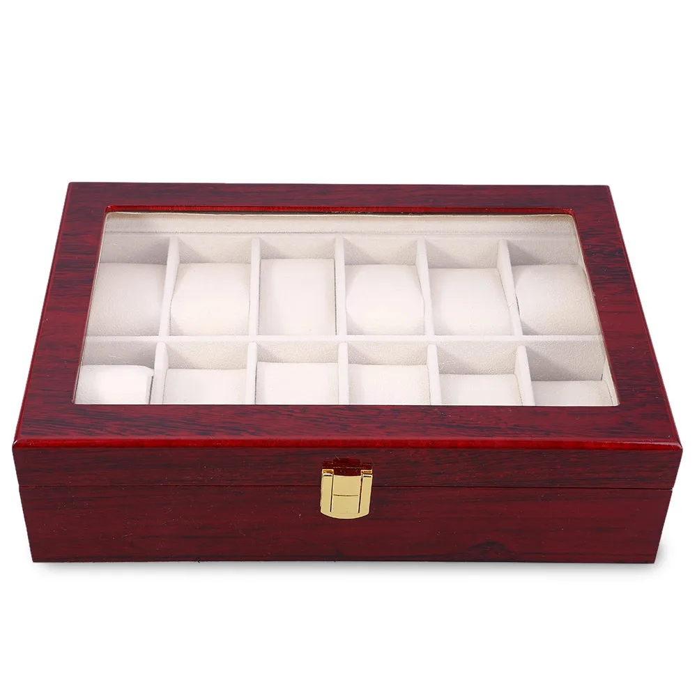 High Quality 12 Slots Elegant Wood Watch Display Case Watches Box Glass Top Jewelry Storage Organizer caixa para relogio 4