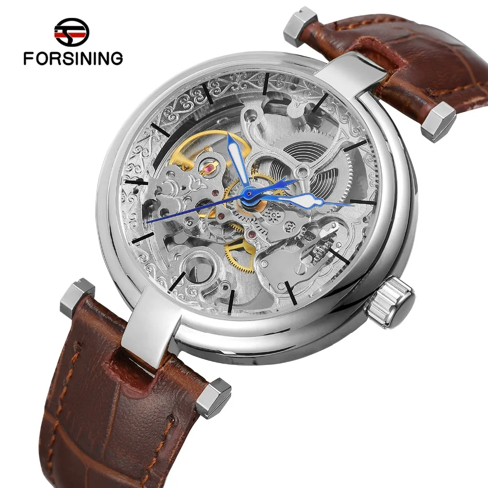 

Forsining Retro Fashion Skeleton Clock Blue Hands Men's Mechanical Watches Black Genuine Leather Luminous Hands Horloge Mannen