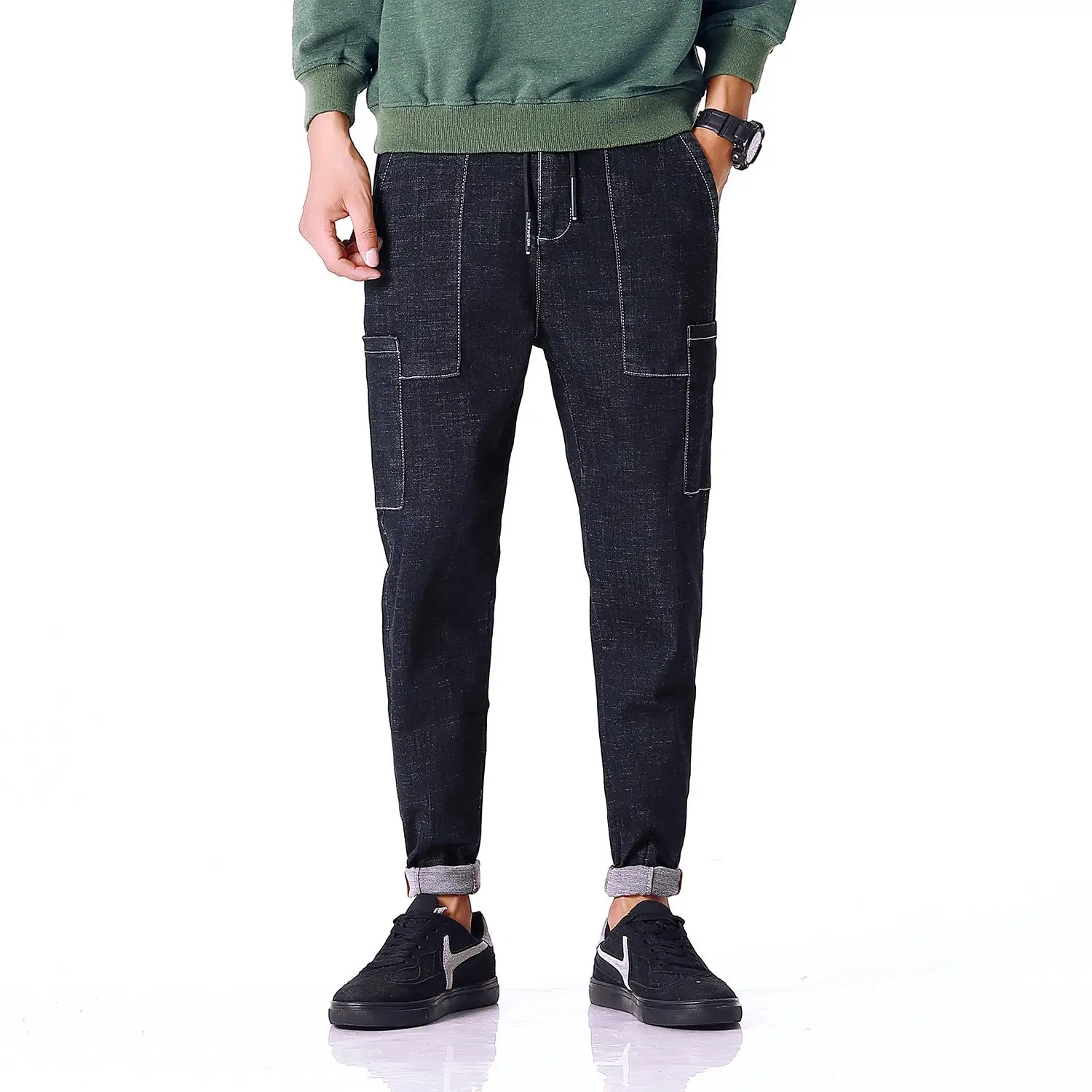 

Korean version of the spring and autumn retro jeans feet loose large size 28-38 40 42 men Harem pants tide Solid color black