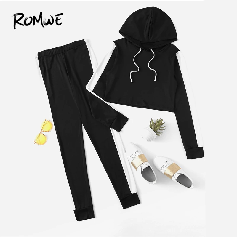 

ROMWE Contrast Panel Drawstring Hooded Top With Pants 2019 Swish Spring Autumn Women Two Piece Set Young Fitness Black Sets