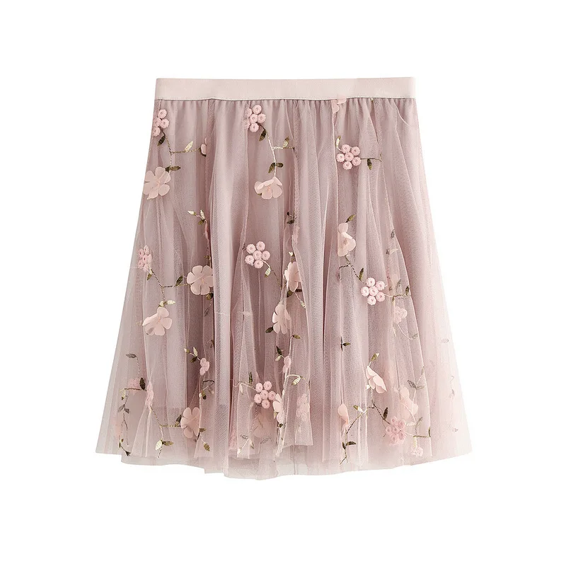 Women High Waist Skirt Embroidery Flower Mesh Summer Mini Skirts A-Line Tulle Female Beach / Party Short Skirts