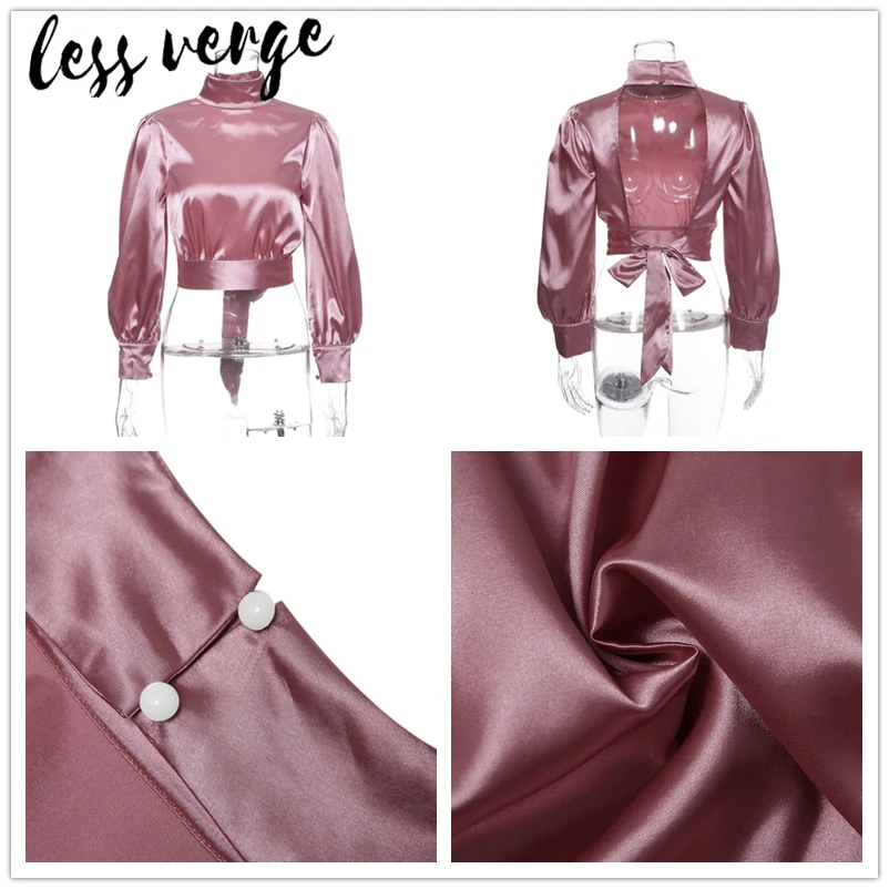 Lessverge Сексуальная атласная розовая блузка с открытой спиной Женская водолазка