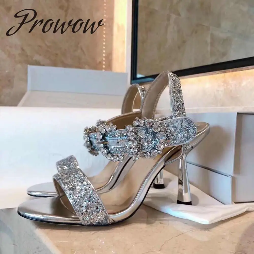 

Prowow New Genuine Leather Glitter Summer Sandals Open Toe Crystal Beading HIgh Heel Sandals Shoes Women