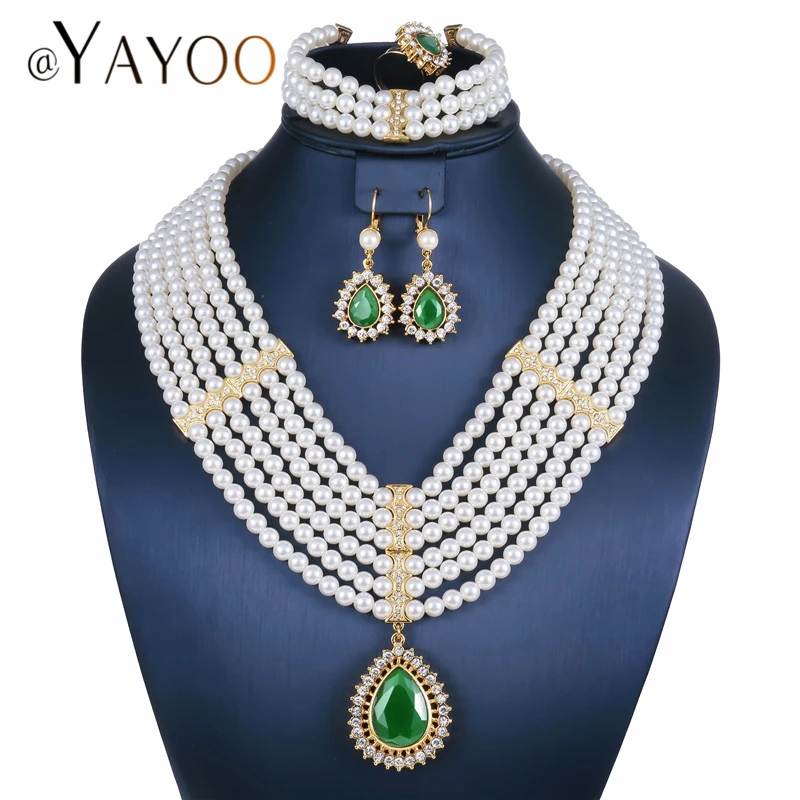 

AYAYOO African Beads Jewelry Set Simulated Pearls Statement Necklace Set For Women Wedding Luxury Bridal Jewelry Sets