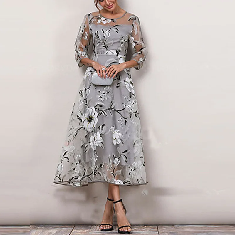 

Printed organza dress with seven-minute sleeves and round collar 2019 new design V005