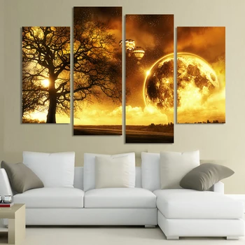

2017 4 Panel Ancient Tree Universe Space Paintings Canvas Picture Cuadros Earth Landscape Painting For Living Room (unframed)