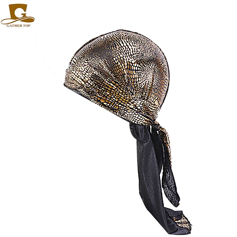 Новый золотой череп шаблон durag du rag тюрбан шляпа шелковистая Durags банданы головные