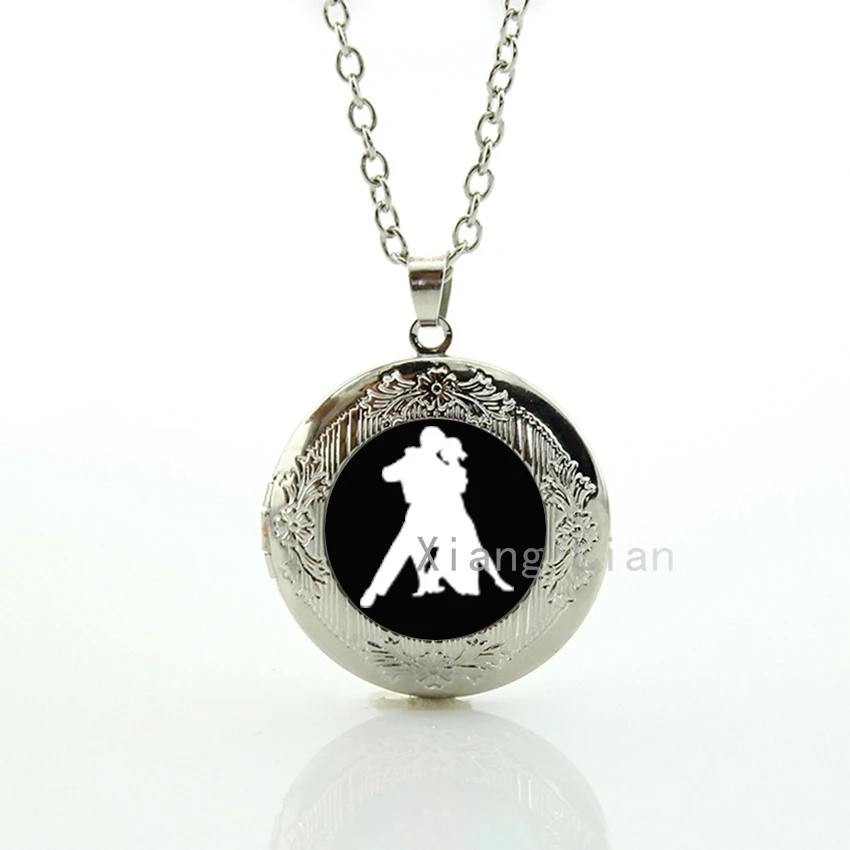 

Good quality vintage ballroom dancing dance art locket necklace men women wedding party holiday plated silver jewelry gift DC091