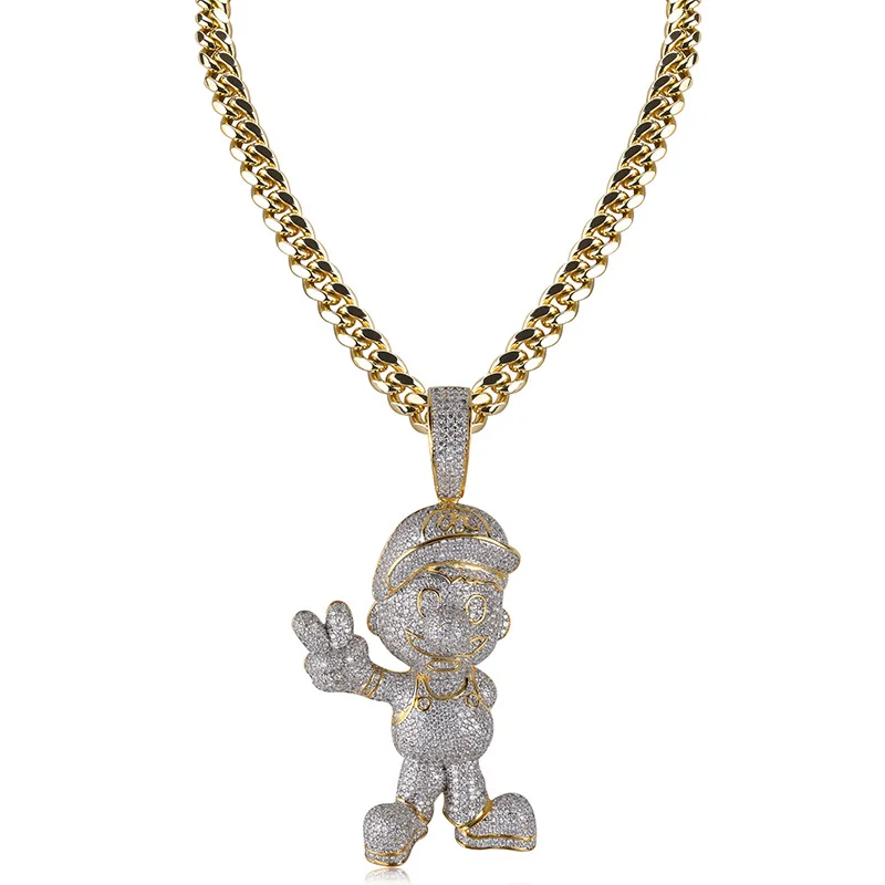 Хип хоп Bling Ice Out AAA CZ камень цвета золота мультфильм персонаж Марио мужские подвески ожерелья для мужчин раппер ювелирные изделия - Окраска металла: 10mm 18inch chain
