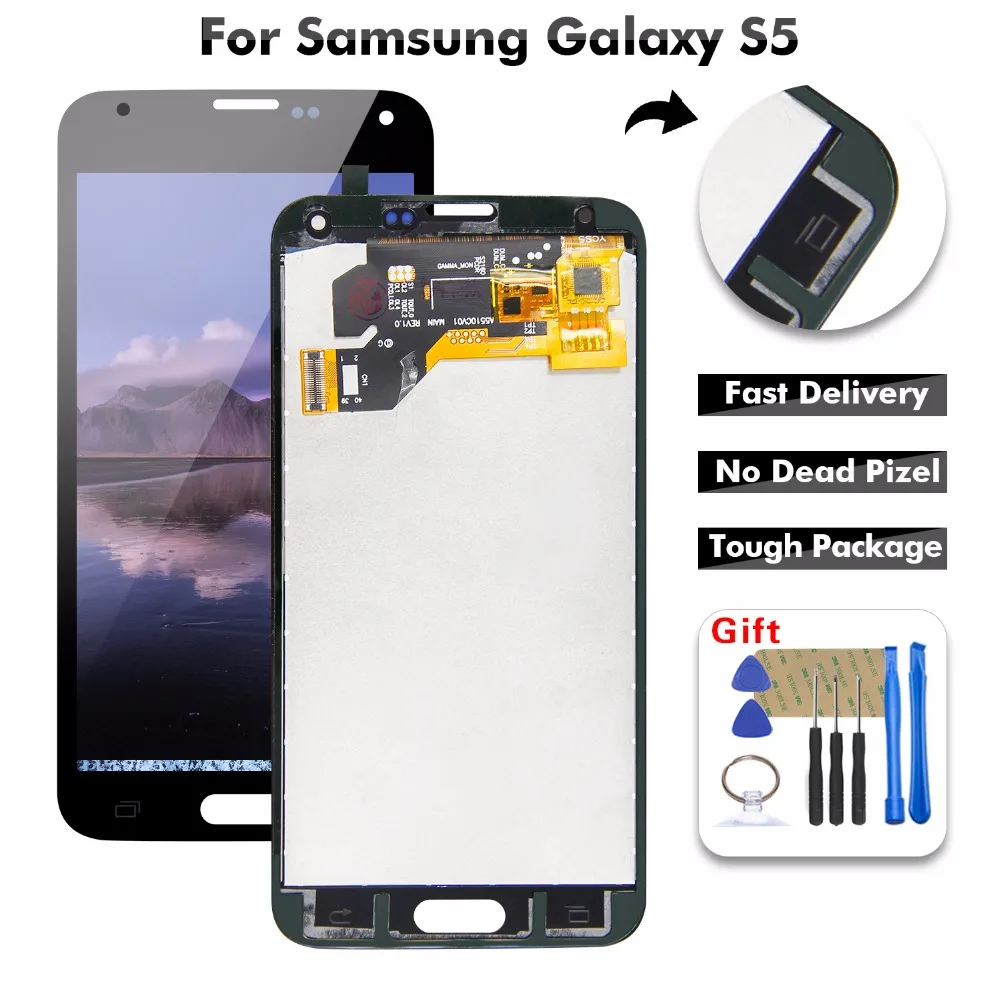 

100% Tested LCD For SAMSUNG Galaxy S5 i9600 G900 G900F G900A LCD Display Digitizer Touch Panel Screen Assembly + Free Tools