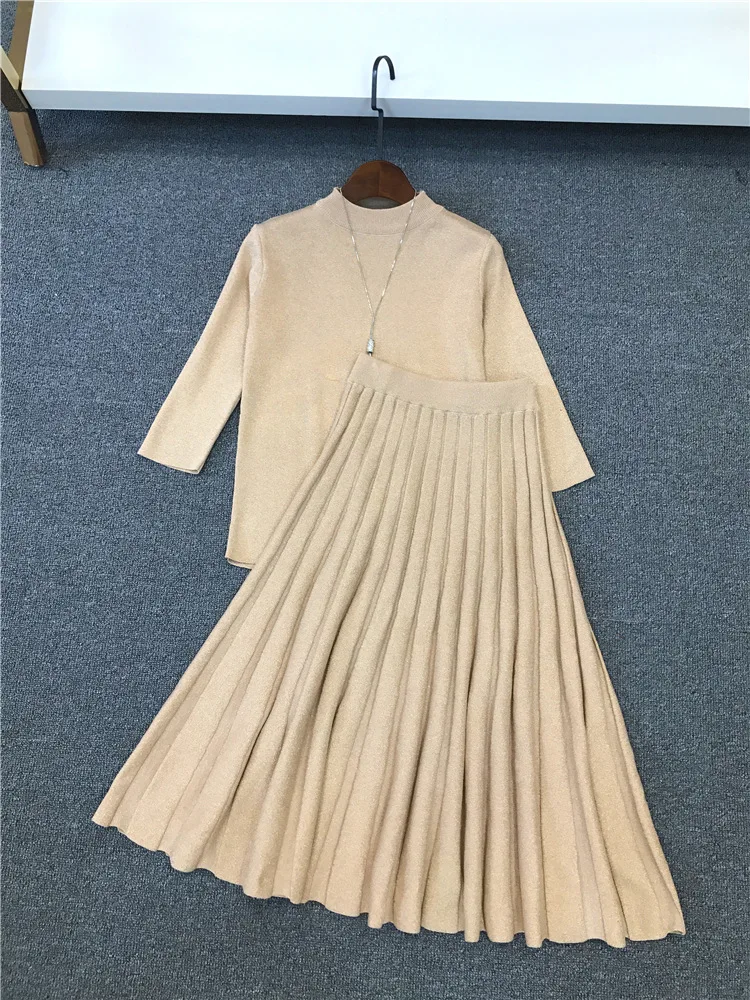 

Gold Lurex knitted shirt + skirt high waist pleated big new spring / autumn women's suit fashion Bling 2-piece suit skirt