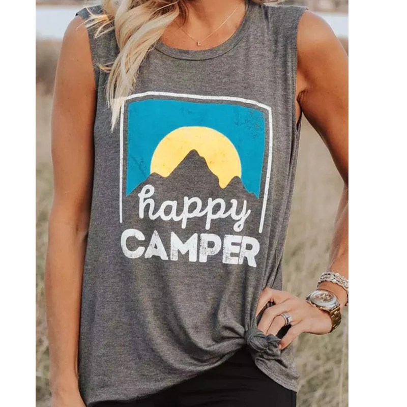 

cute women hot summer female tank tanks top letter happy camper print t-shirts tees