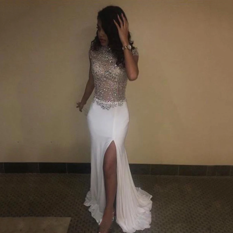 Vestidos длинное платье для выпускного вечера с высоким воротом и коротким рукавом, украшенное кристаллами, вечернее платье русалки, свадебное праздничное платье De Soiree