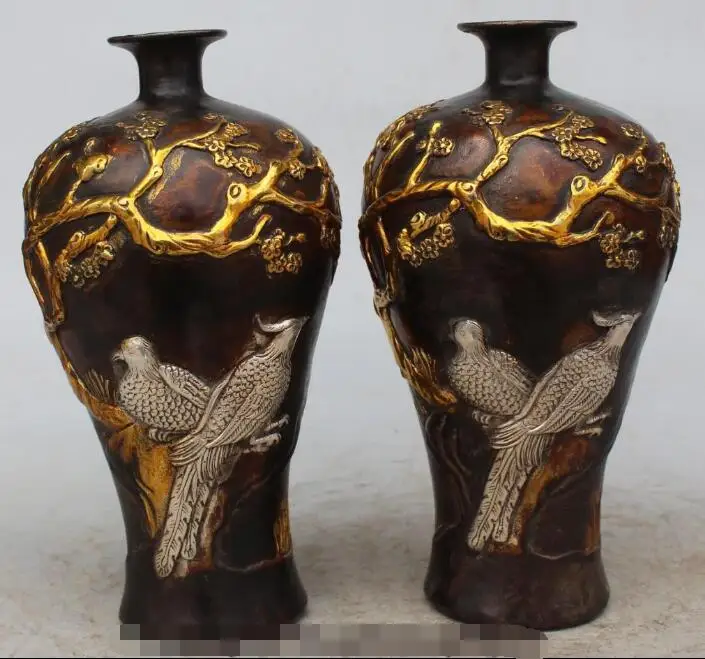 

S01407 10" Chinese Folk Bronze Gilt Carving Two Bird Flower Bottle Vase Statue Pair (B0413)