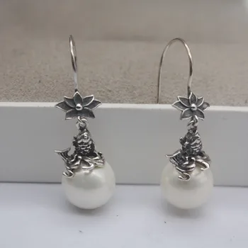 

Retro Pure S925 Silver & Mother of Pearl Earrings For Women 37*12mm Earrings Dangle Hook 2019 Hot