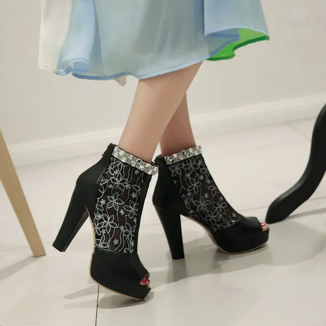 

New sexy Woman high heel platform summer Boots Woman peep toe shiny rhinestone party Ankle Boots large size 34-43